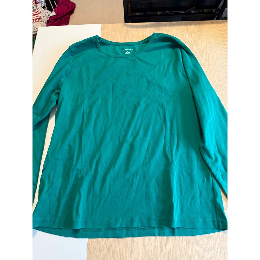 Lands End Womens XL 18 Emerald Green Long Sleeve Cotton Crew Neck T-Shirt Top